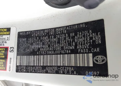 2018 Toyota Camry Xse V6 z USA, uszkodzony, nr VIN 4T1BZ1HK6JU016784